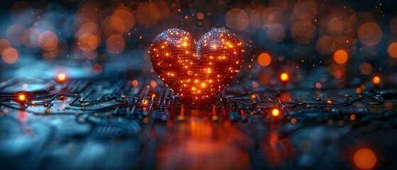 Aufkleber - Love heart in technology style. Computer mechanism with heart shapes over podium. Digital blue Valentines day background. Geek love symbol. Online dating. Online love. 3D rendering.