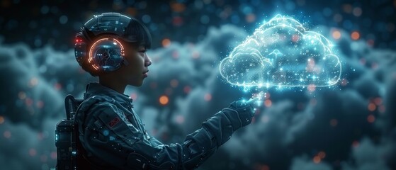 Leinwandbilder - An artificial intelligence (AI) robot works with data in a digital cloud storage. The robot carries a cloud of data.