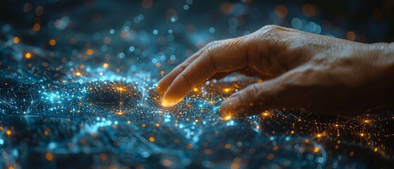 Poster - An interconnected polygonal data network glowing on a dark blue background. A futuristic technology concept.