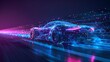 A fast  wireframe concept of a sport car that looks like a starry sky or space, with points, lines and shapes that represent planets, stars, and the universe. Blue and purple colors.