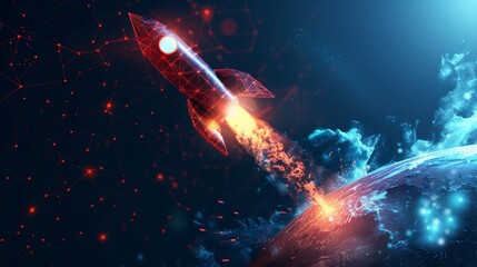 Fototapete -  illustration of the launch of an abstract rocket and a graph that grows up. Low poly style design. Startup concept. Blue geometric background. The wireframe structure for the light connection