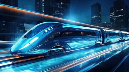 Two trains moving from light shine on high speed intercity railway. Train logistic, digital futuristic technology, future electric city transport, innovate technology, subway way concept. 3d on blue b