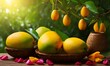  Image of Fresh Mangoes Fruit in Basket with Foliage for  Tamil New Year 