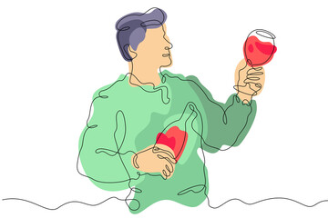 Poster - The man drinks alcohol. Male character holding a glass of wine. Red wine. Abstract flat color illustration. One continuous line . Line art. Minimal single line.White background. One line drawing.