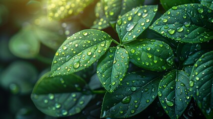 Poster - A green leaf with a raindrop on it in a garden at summer. Green leaves plants used as spring background cover pages, ecology wallpaper, or greenery backgrounds in gardens.