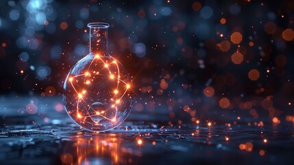 Fototapete - An abstract polygonal laboratory tube with an atom symbol on a blue technology background. A digital flask and nuclear molecule complement this abstract science chemistry concept.