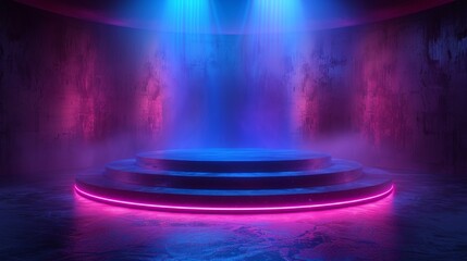 Aufkleber - A stage podium with light in a digital futuristic style with blue background. Concept of a technological platform for product presentation. Illustration of a cyberpunk arena in modern form.