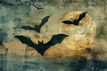 A moody collage capturing the essence of Halloween with silhouettes of flying bats against a textured, moonlit backdrop.
