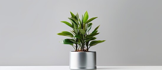 Poster - A houseplant in a flowerpot sits on a white table, adding a touch of greenery to the room. The small terrestrial plant resembles a palm tree with its slender twiglike leaves