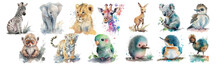 Vibrant Watercolor Collection Of Adorable Baby Animals: Zebra, Elephant, Lion, Giraffe, Kangaroo, Koala, Ostrich, Tiger, Parrot, Kingfisher, And Chicken - Artistic Illustration For Various