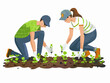  Two gardeners backs bent in unison plant rows of vibrant seedlings in a freshly tilled patch of earth. 
