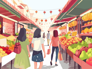  Tourists explore a bustling city market the air filled with the sweet scent of fresh summer fruits. 