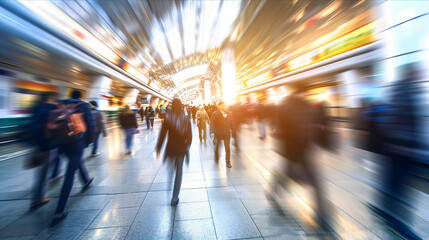 Blurred image of people walking at subway station.