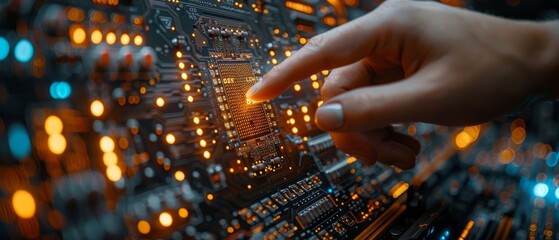 Fototapete - Hand-touching CPU icon using artificial intelligence (AI) with machine deep learning and data mining.