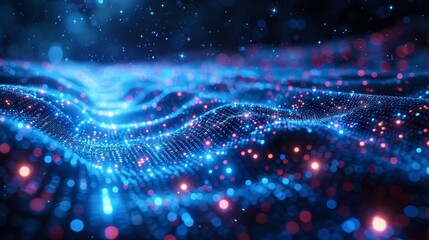 Fototapete - An abstract background of blue digital cyberspace with particles and lighting. Conceptual illustration of digital data network connections and data analysis processes.