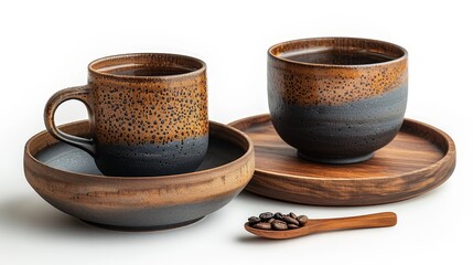 Aufkleber - This mockup shows a black dish, white dish, wooden plate, and cup of coffee set isolated on white background. The copy space is included for text and logo, and the Clipping Path is also included.
