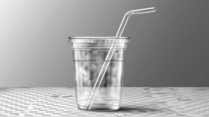 Poster - Modern realistic 3d empty clear plastic disposable cup with a straw isolated on transparent grid background. Mockup template for packaging design - milkshake, tea, fresh juice.