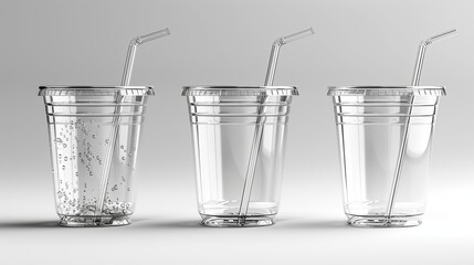 Poster - An empty clear plastic disposable cup with a straw set closeup isolated on white. Design template for packaging mockups - milkshakes, tea, fresh juice, lemonades etc.