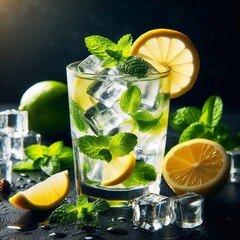 Mojito cocktail two glasses with ice cubes, lemon and mint on a dark background