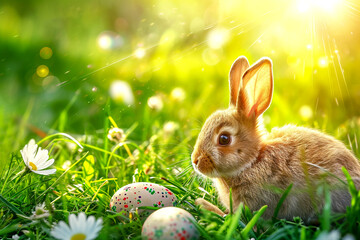 Gray bunny with Easter eggs on a flower meadow