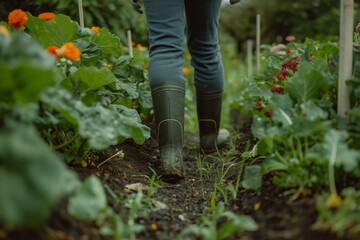 farmer in gumboots walking, a farmer walking in the garden, a farmer working on the farm, a farmer in the garden closeup, garden with farmer closeup