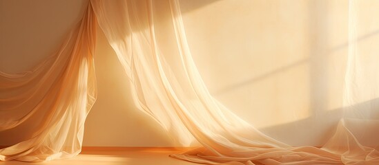 Canvas Print - The amber rays of the sun cascade through the curtains, casting warm tints and shades of peach on the wooden floor, creating a cozy atmosphere