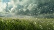 A green field faces nature's wrath as large hail pummels under a dire sky
