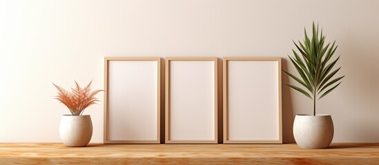 Canvas Print - Three rectangle picture frames and two houseplants in flowerpots sit on a wooden shelf, basking in the sunlight by the window in the house