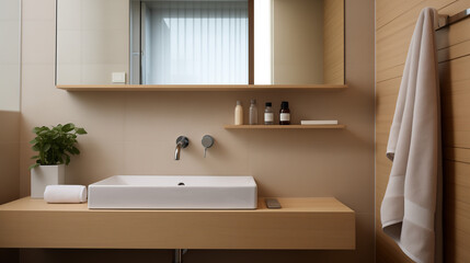 Wall Mural - Minimalist Bathroom Interior with Wood Accents and a Modern Rectangular Bathtub