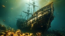 Old Ship Wreck In Deep Blue Sea. Underwater Landscape. 3d Render, Sunken Tall Ship, AI Generated