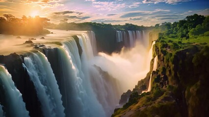 Canvas Print - Iguazu Falls at sunset, border of Brazil and Argentina, The Iguazu Waterfalls in Brazil, AI Generated