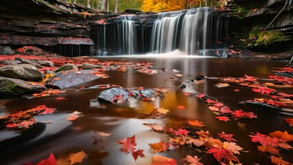 Wall Mural - Autumn waterfalls and colorful leaves in the forest. Long exposure, The red maple leaves frame this beautiful waterfall in Algonquin Park at the peak of the fall colors. long exposure, AI Generated