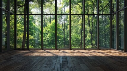 Wall Mural - Wooden floor in a room with a view of the forest