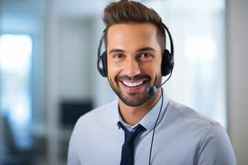 Young handsome blonde man with telemarketer headset