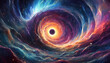 Giant colorful twirling black hole in the fabric of spacetime. AI generated.