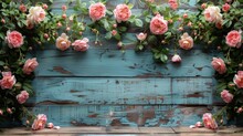  A Bunch Of Pink Roses Are Growing On A Blue Wood Planked Wall With Green Leaves And Pink Flowers On It.