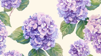 Hydrangea inflorescences arranged randomly in seamless pattern, modern illustration in vintage watercolor style.