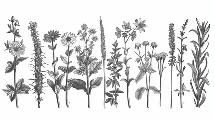 Wall Mural - Plants and flowers. Set. Vintage flowers. Black and white illustration in the style of engravings.