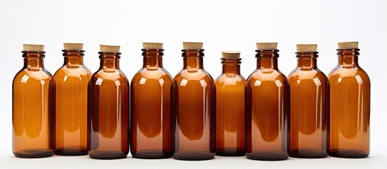 Poster - A lineup of amber glass bottles with corks, holding various liquids like alcoholic beverages, flavored syrups, and drinks, set against a white background