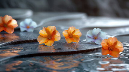 Poster -  a group of orange and white flowers floating on top of a pool of water with drops of water around them.