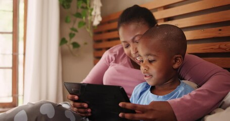 Poster - Bedroom, connection and mother with boy, tablet and typing with online video or digital app. Home, black family or mama with son or kid with technology or social media with child development or ebook