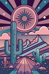 Wall Mural - Mexican poster desert Mexico background festive backdrop with cactus for festival Cinco de mayo. Artistic illustration of a tranquil desert landscape at sunset with cacti