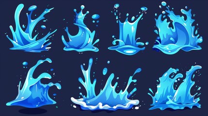 Poster - Blue water motion effects, flows, streams, spills and crown shape isolated on a background. Modern cartoon set of liquid water splashes, falling drops, sea waves, and swirls.