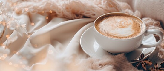 Sticker - A Coffee cup filled with cappuccino rests on a saucer on a bed, showcasing the perfect blend of Tableware, Drinkware, and Coffee