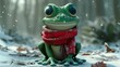  a green frog wearing a red scarf and a red and white scarf is sitting on the ground in the snow.