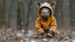  a stuffed animal in a yellow jacket sitting on the ground in a forest with snow falling on the ground and trees in the background.