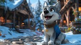  a close up of a dog in a scene from the animated movie, the secret life of pets, with snow on the ground and houses in the background.