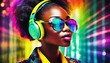 © creativemariolorek - beautiful black woman with colorful headphones and sunglasses