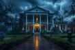 Cinematic view of an old southern mansion. 