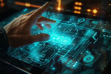 Hand touching virtual screen display. Human interaction with holographic interface. AI, communication network, digital technology, cyber security, internet of things. Future and technology concept